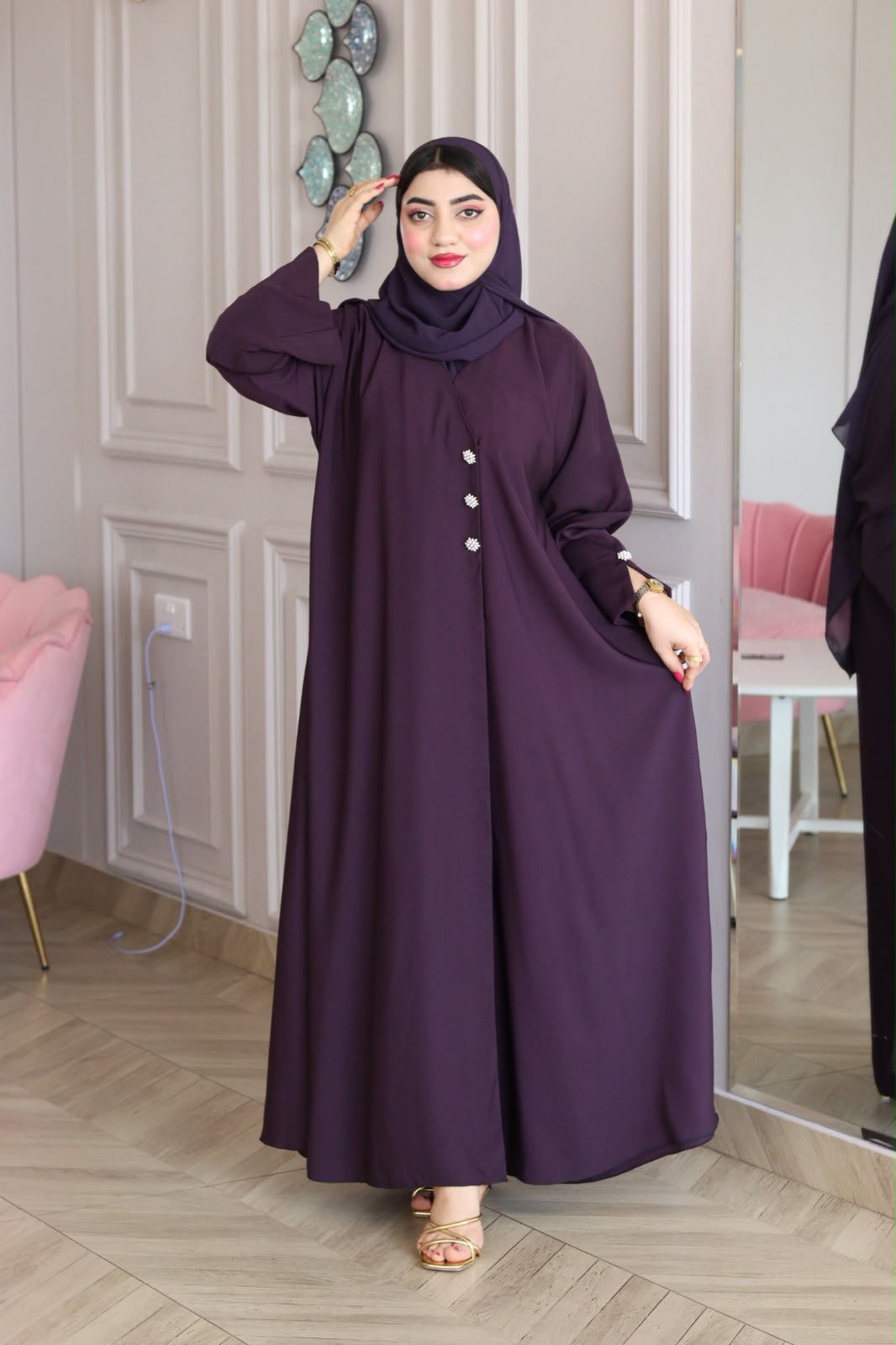 Amethyst Grace — eggplant purple abaya with rhinestone buttons